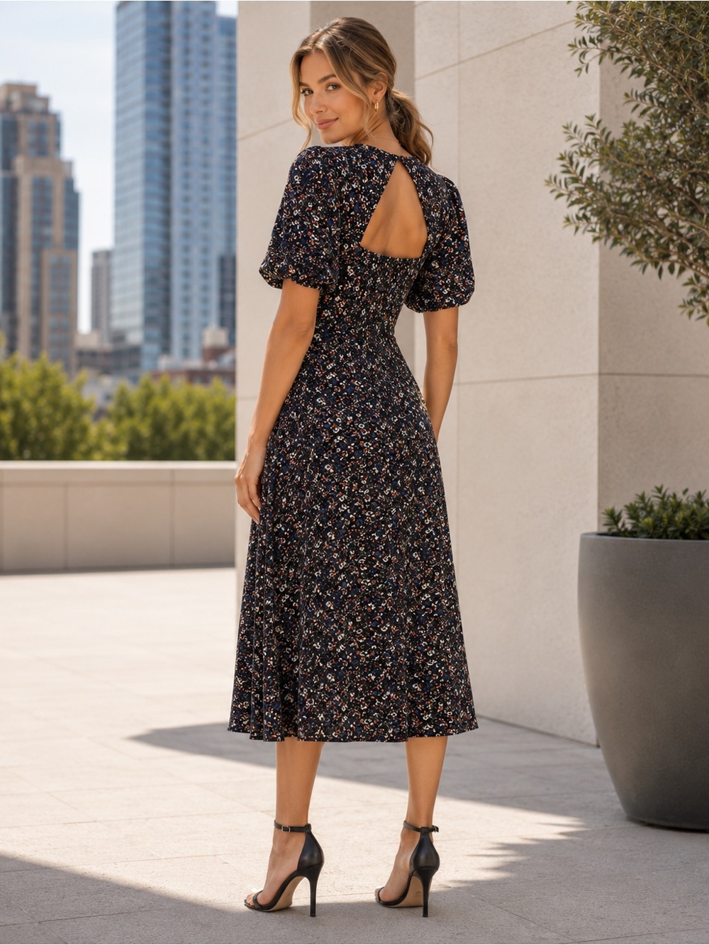 ASTR Navy Multi-Floral Midi Dress | Puff Sleeve | Keyhole Back | Feminine & Chic